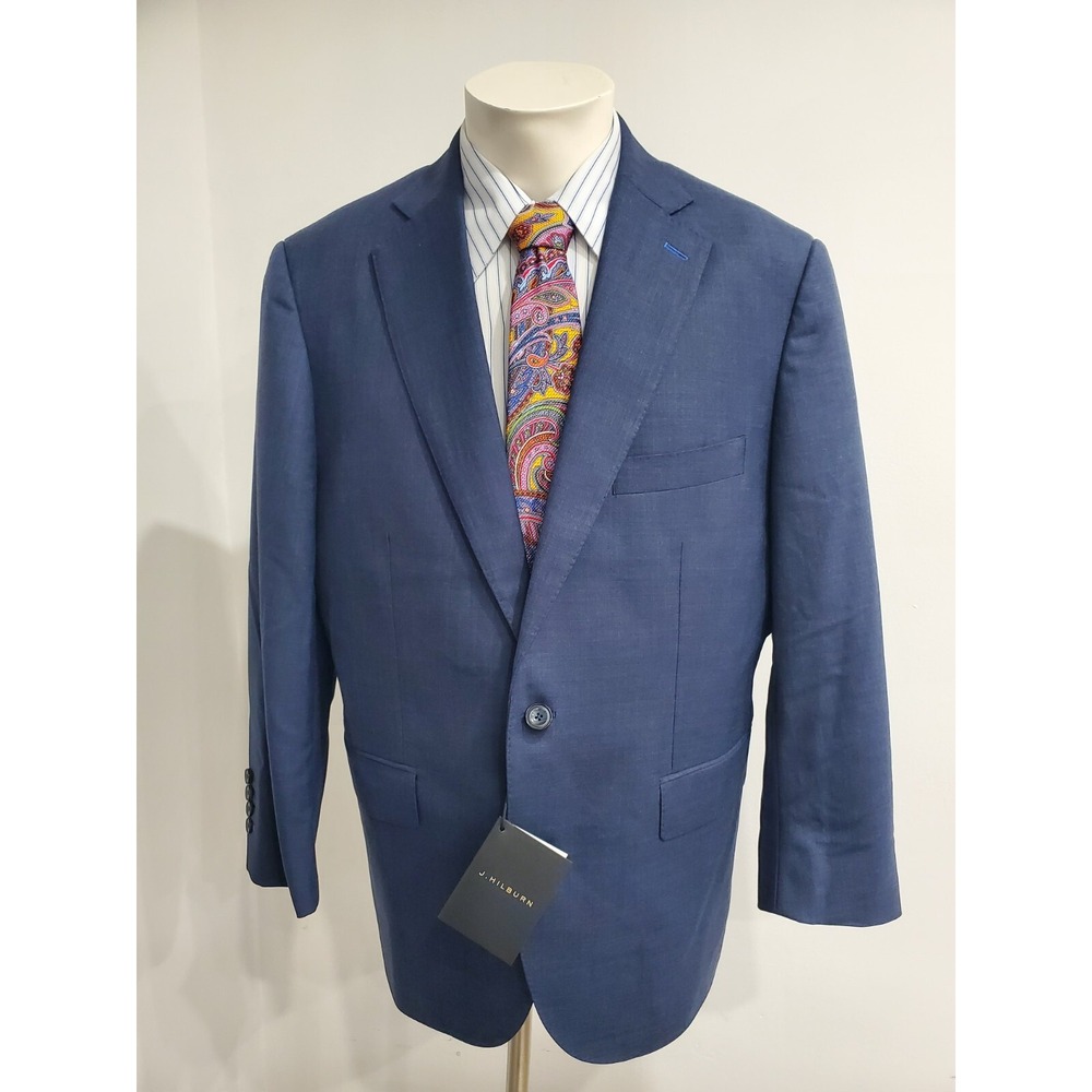 J Hilburn Men Blazer 45 Blue Wool 150's Slim Sport Coat Jacket Double Vented